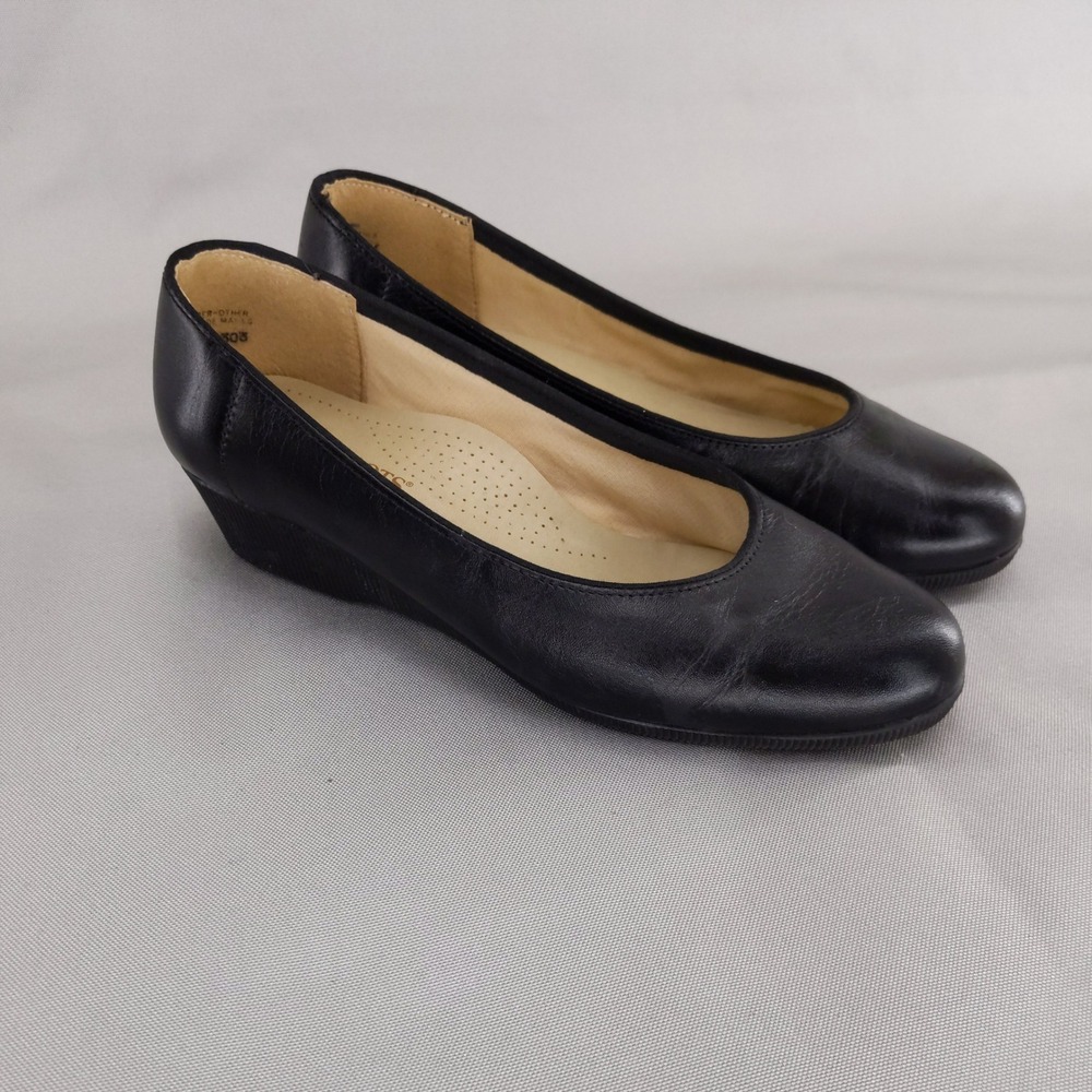 Soft Spots Wedge Pump Women 7 W‎ Black Leather Comfort Round Toe Made in USA